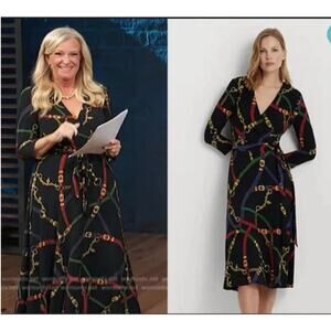 Ralph Lauren Belting Print Surplice Jersey Dress Womens 12 Black Equestrian Wrap